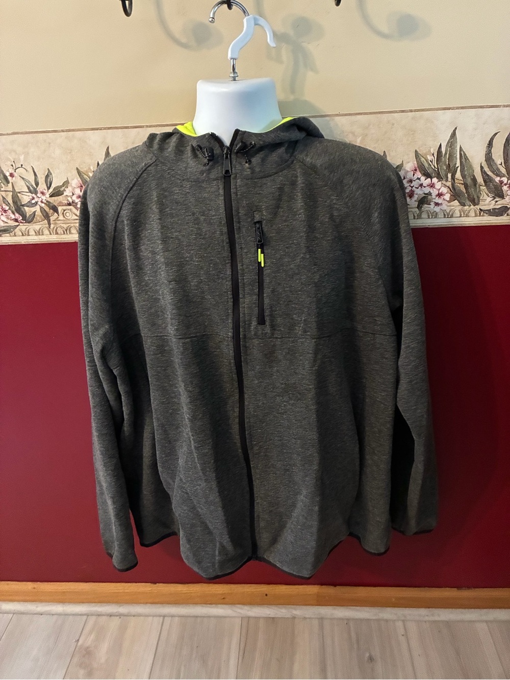 Men's Hooded Sweatshirt Jacket - Dark Gray with Neon Yellow Accent
